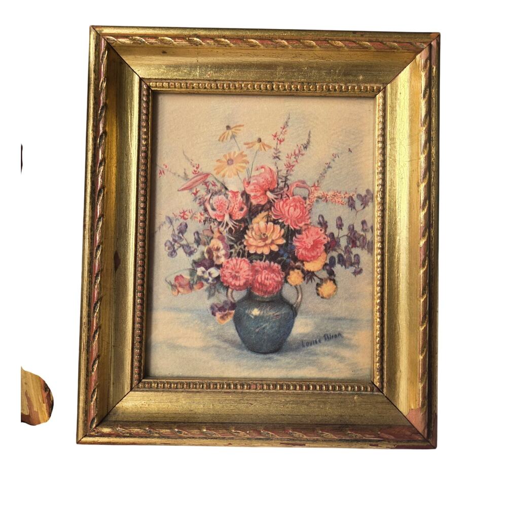 Vintage Gold Set of Two Flowers/Botanical in Vase Louise Biron picture W-21 - Picture 3 of 6